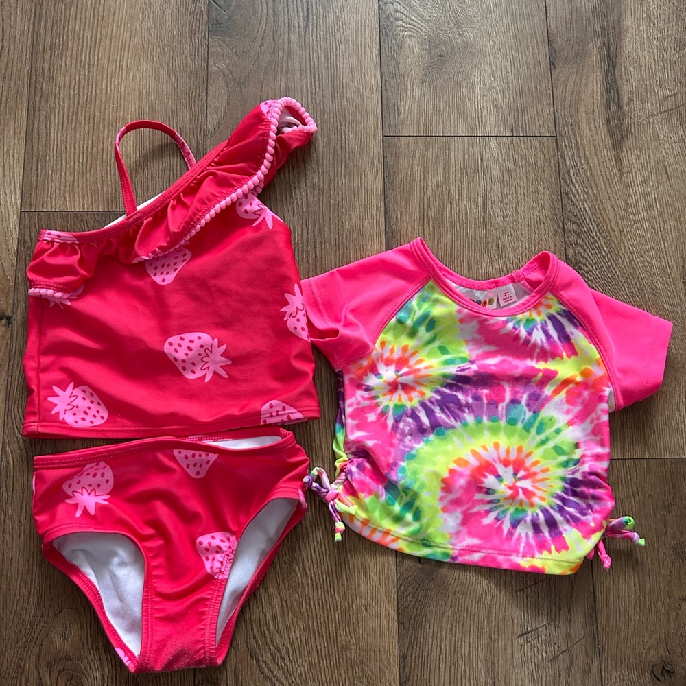Girls 2T Pink Strawberry Swimsuit and Tie-Dye Rash Guard Set